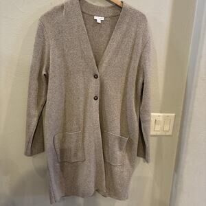 J. Jill Women Long Cardigan M Tan Open Front Button Pocket Lagenlook Minimalist